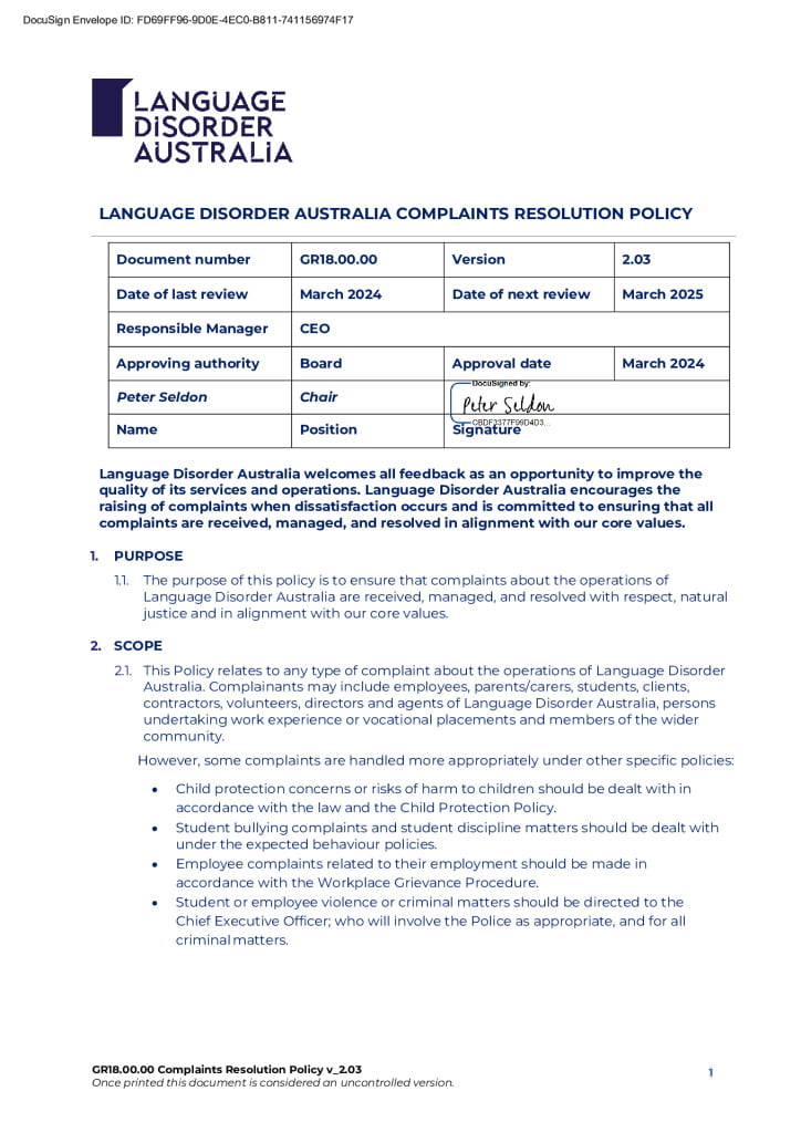 Language Disorder Australia Complaints Resolution Policy